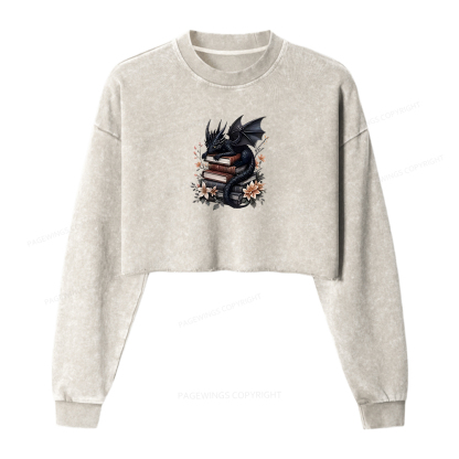 Pagewings Black Dragon Book Women Washed Crop Sweatshirt