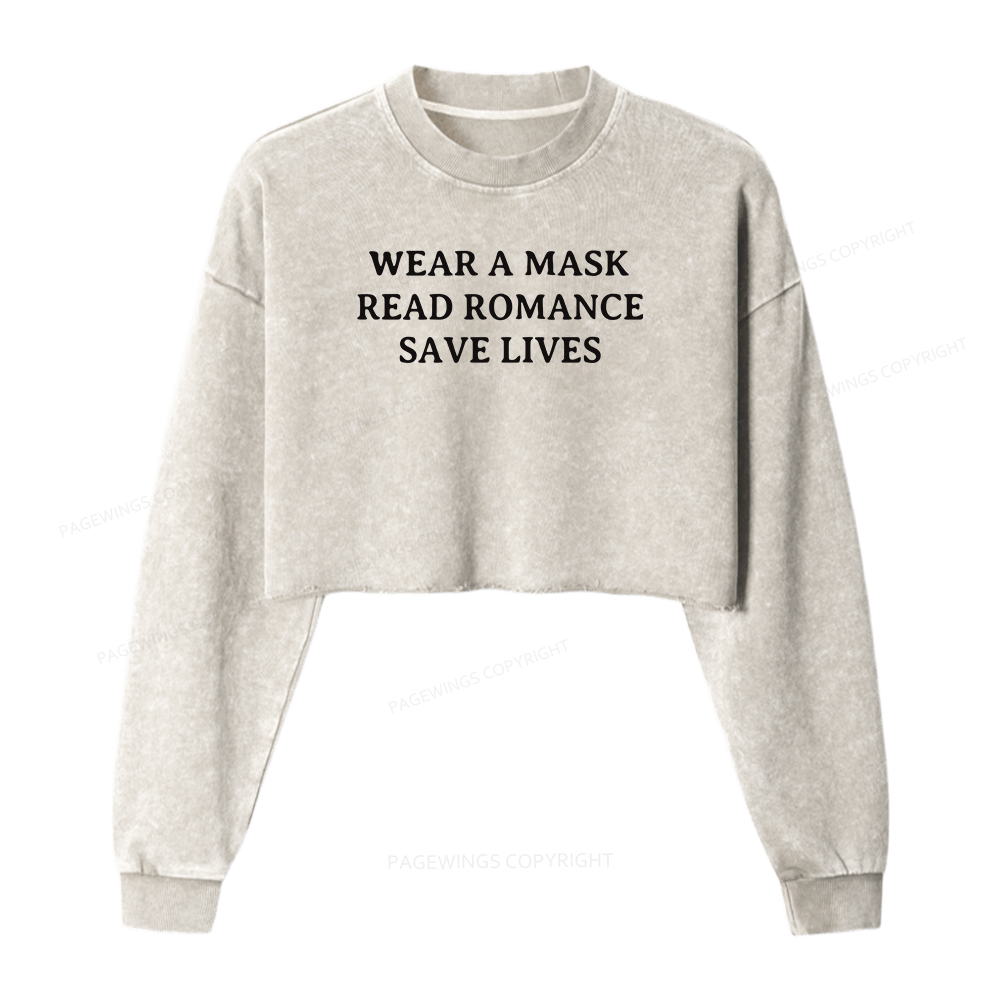 Pagewings Wear A Mask Read Romance Save Lives Women Washed Crop Sweatshirt