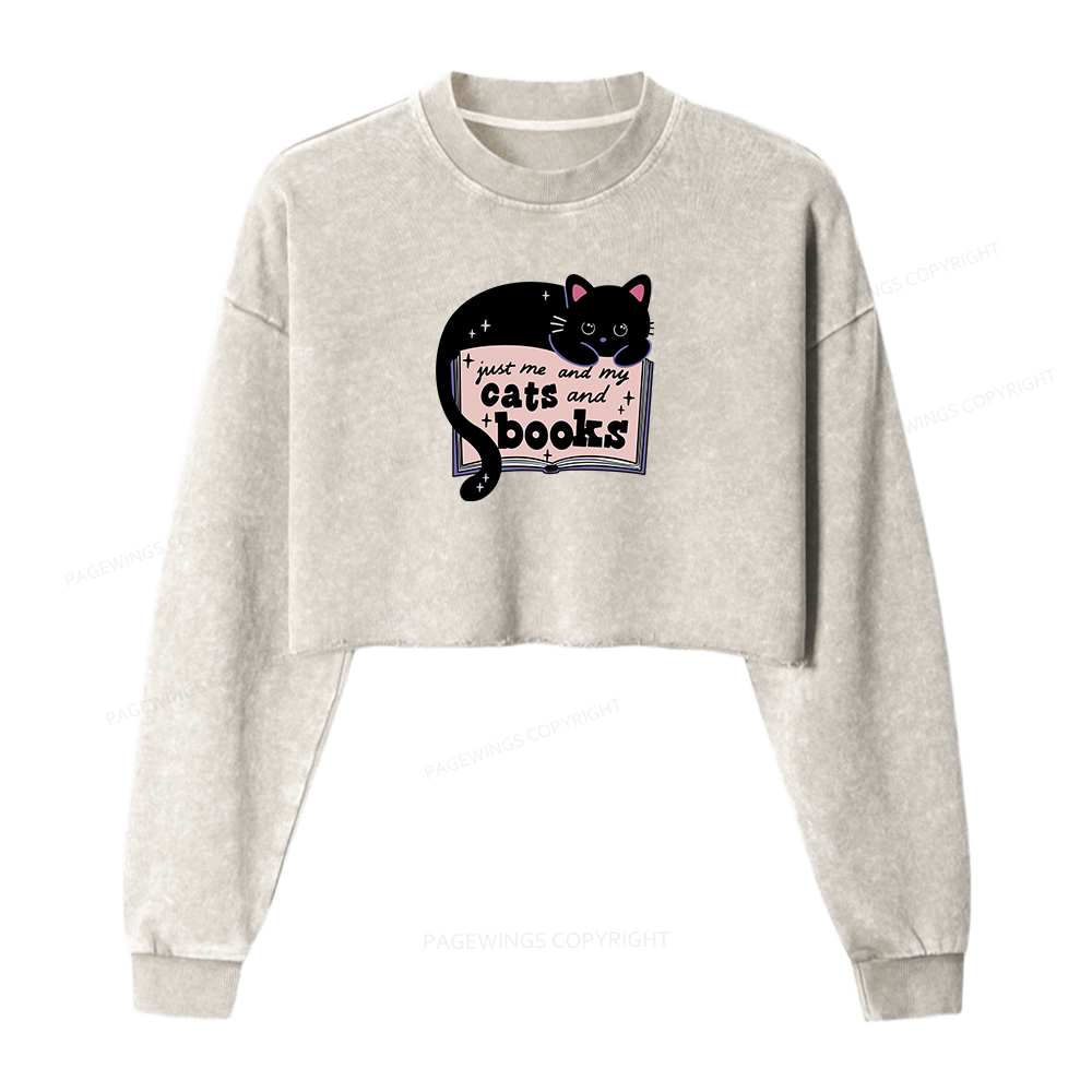Pagewings Just me my Cats and Books Women Washed Crop Sweatshirt