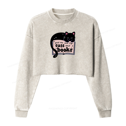 Pagewings Just me my Cats and Books Women Washed Crop Sweatshirt