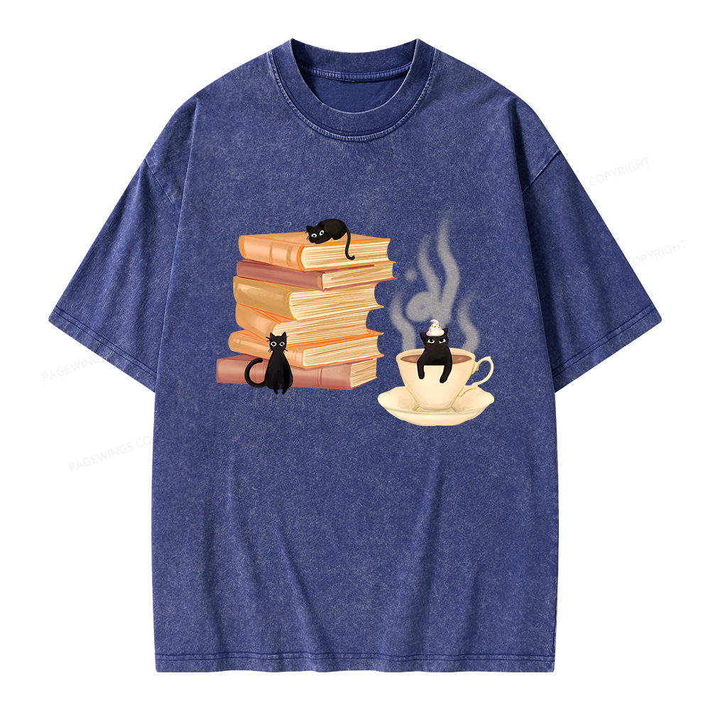 Pagewings Coffee Cats and Books Unisex Washed T-shirt