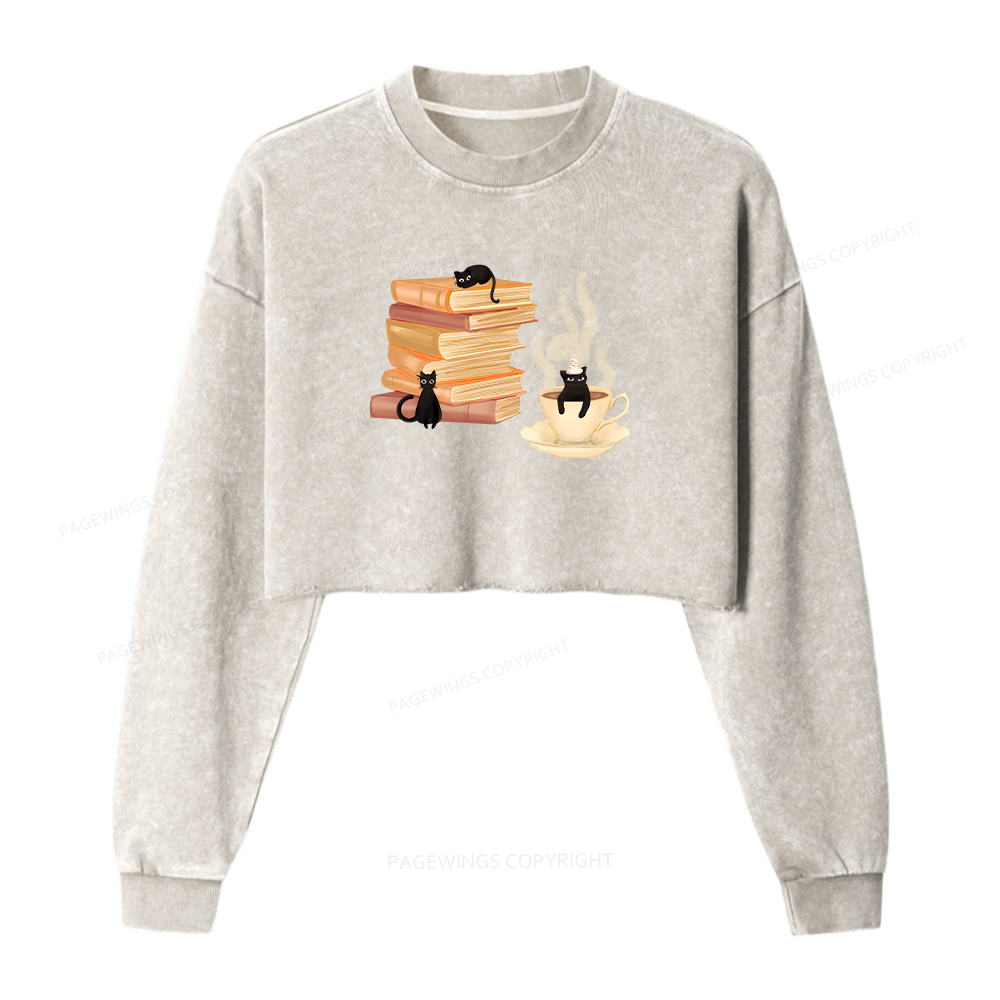 Pagewings Coffee Cats and Books Women Washed Crop Sweatshirt