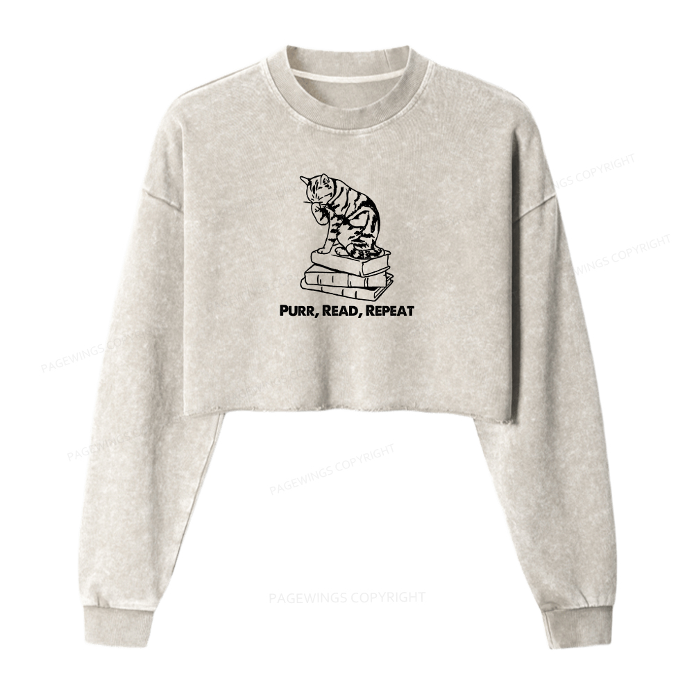 Pagewings Purr, Read, Repeat Women Washed Crop Sweatshirt