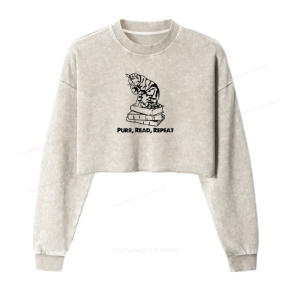 Pagewings Purr, Read, Repeat Women Washed Crop Sweatshirt
