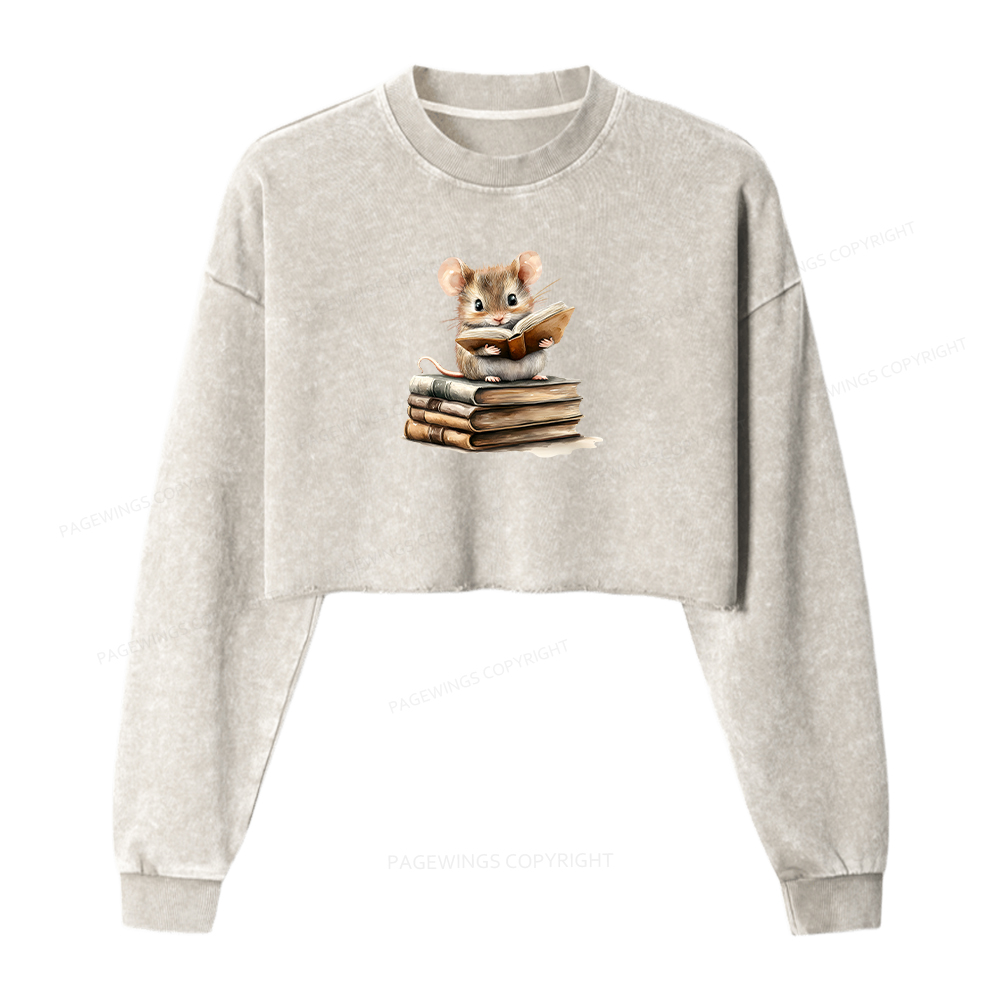 Pagewings Just A Mouse Who Loves Reading Women Washed Crop Sweatshirt