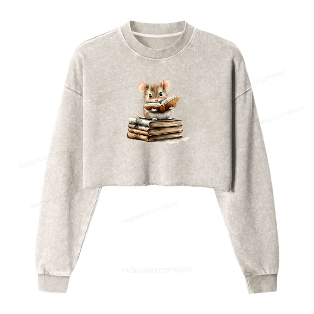 Pagewings Just A Mouse Who Loves Reading Women Washed Crop Sweatshirt