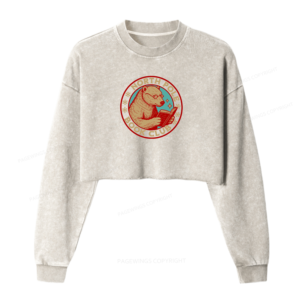 Pagewings North Pole Book Club Women Washed Crop Sweatshirt
