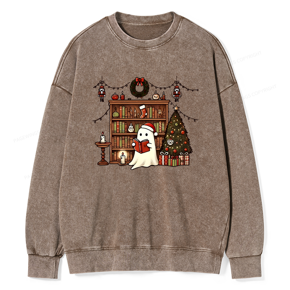 Pagewings Christmas Ghost Book Unisex Washed Sweatshirt