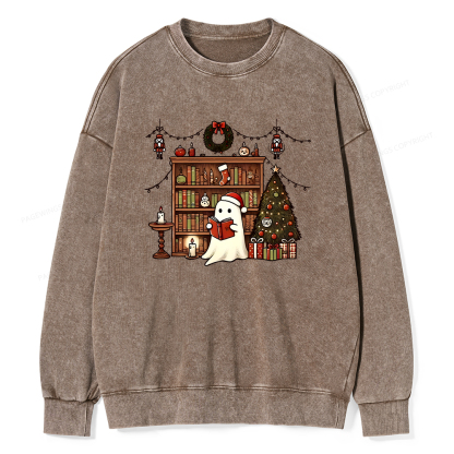 Pagewings Christmas Ghost Book Unisex Washed Sweatshirt
