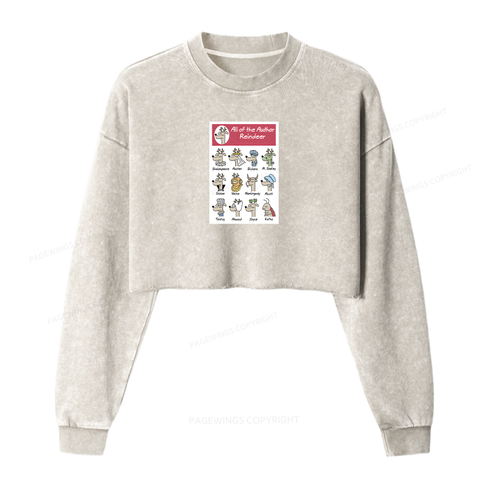Pagewings All Of The Author Reindeer Women Washed Crop Sweatshirt