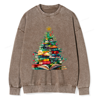 Pagewings Christmas Book Tree Unisex Washed Sweatshirt