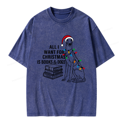 Pagewings All I Want For Christmas Is Books and Dogs Unisex Washed T-shirt