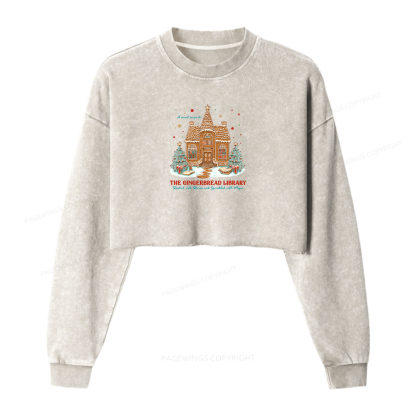 Pagewings Gingerbread Library Women Washed Crop Sweatshirt