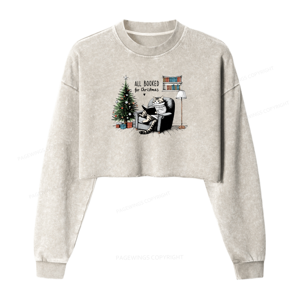 Pagewings All Booked for Christmas Women Washed Crop Sweatshirt