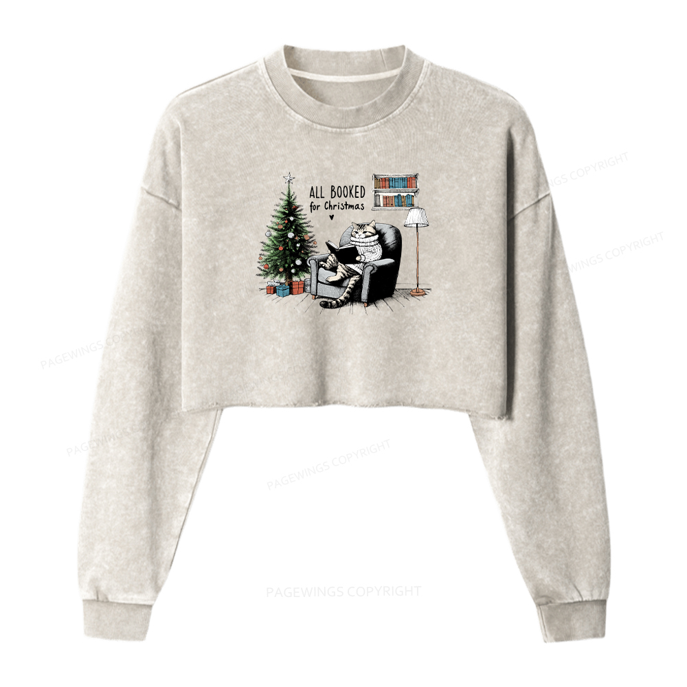 Pagewings All Booked for Christmas Women Washed Crop Sweatshirt
