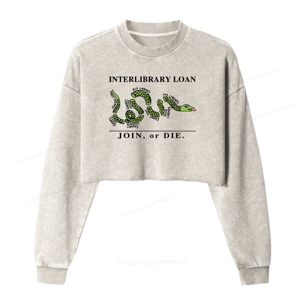 Pagewings Interlibrary Loan Women Washed Crop Sweatshirt