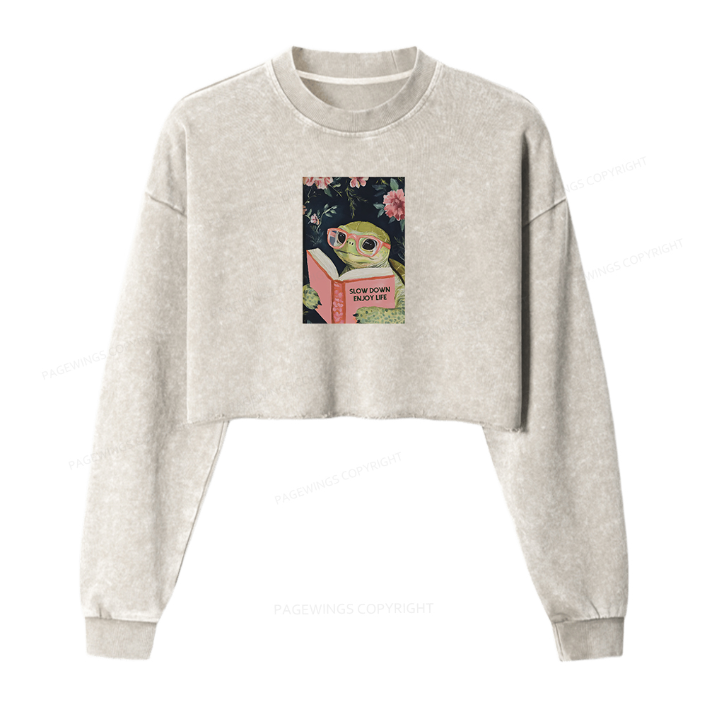 Pagewings Sea Turtle Women Washed Crop Sweatshirt