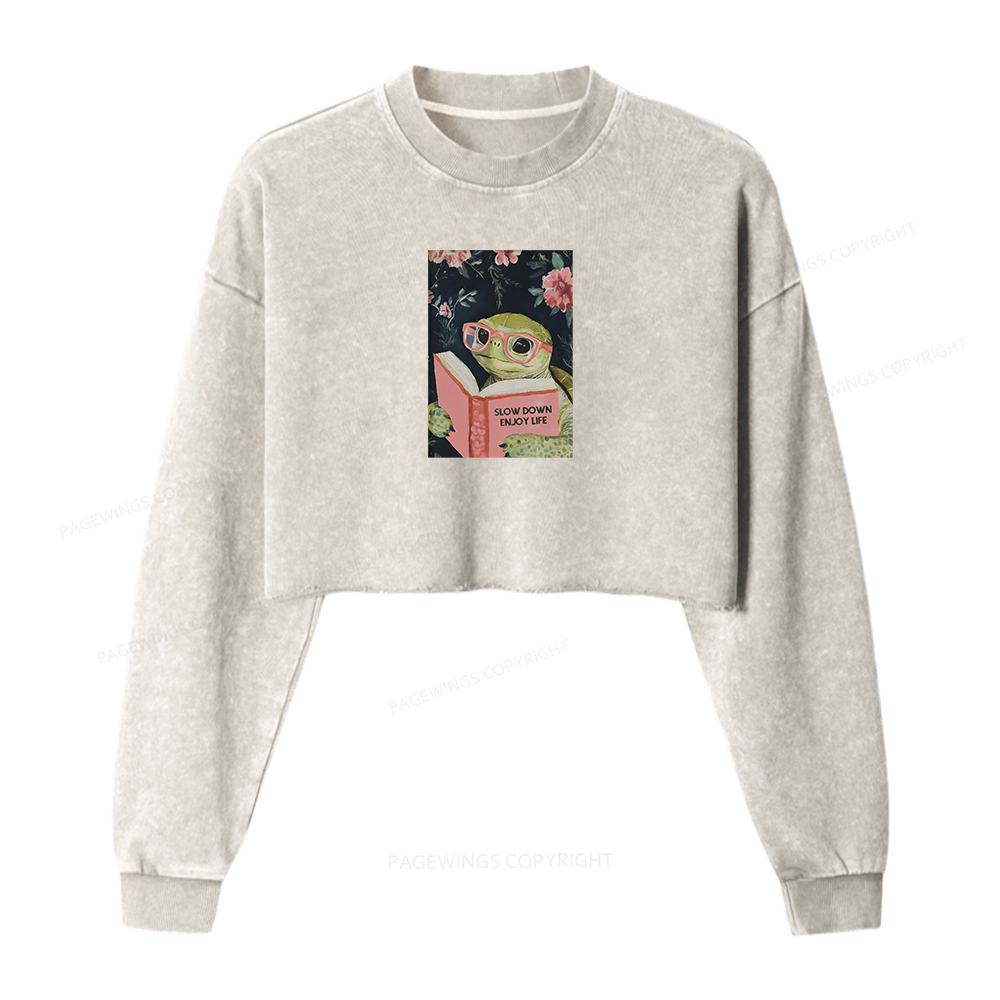 Pagewings Sea Turtle Women Washed Crop Sweatshirt