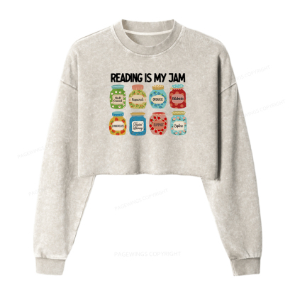 Pagewings Reading is My Jam Bookworm Women Washed Crop Sweatshirt