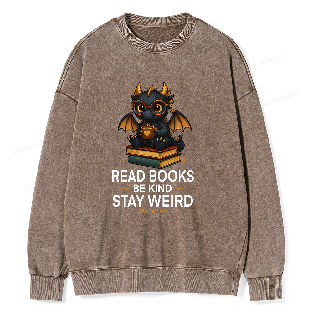 Pagewings Funny Dragon Read Books Be Kind Stay Weird Unisex Washed Sweatshirt