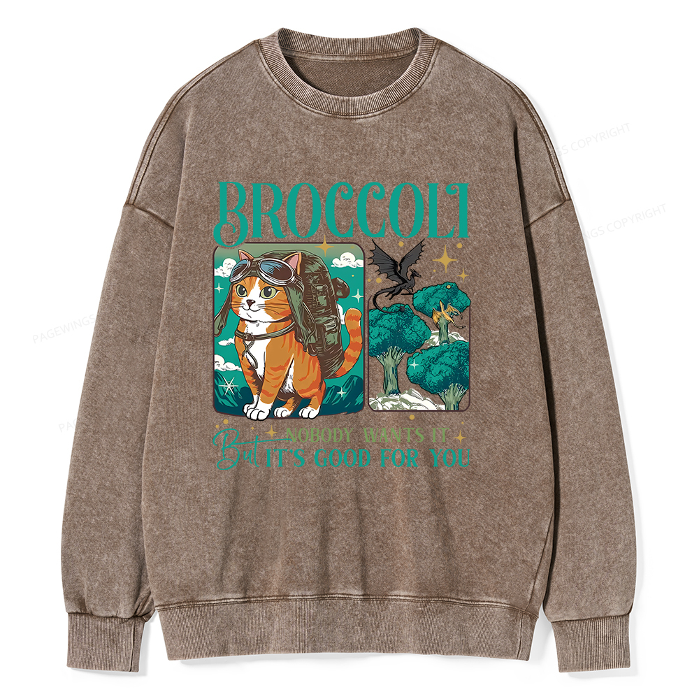 Pagewings Onyx Storm Broccoli Cat Unisex Washed Sweatshirt