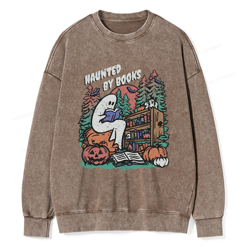 Pagewings Ghost Reading Book Halloween Unisex Washed Sweatshirt