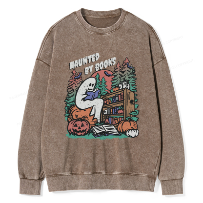 Pagewings Ghost Reading Book Halloween Unisex Washed Sweatshirt