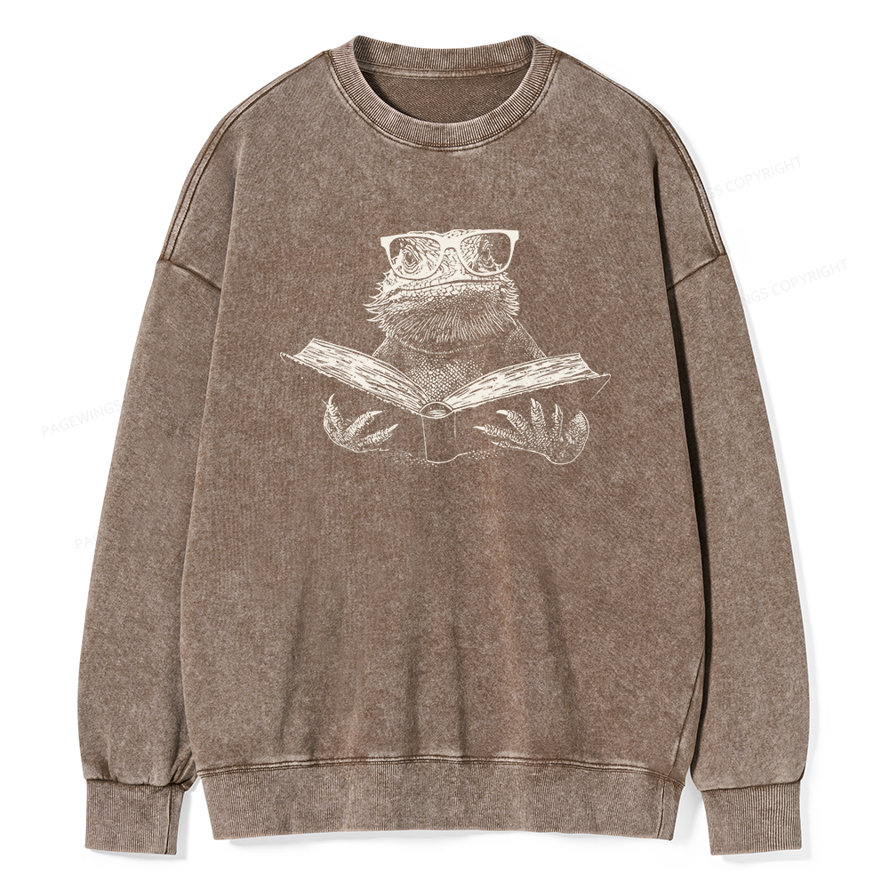 Pagewings Bearded Dragon Reading Unisex Washed Sweatshirt