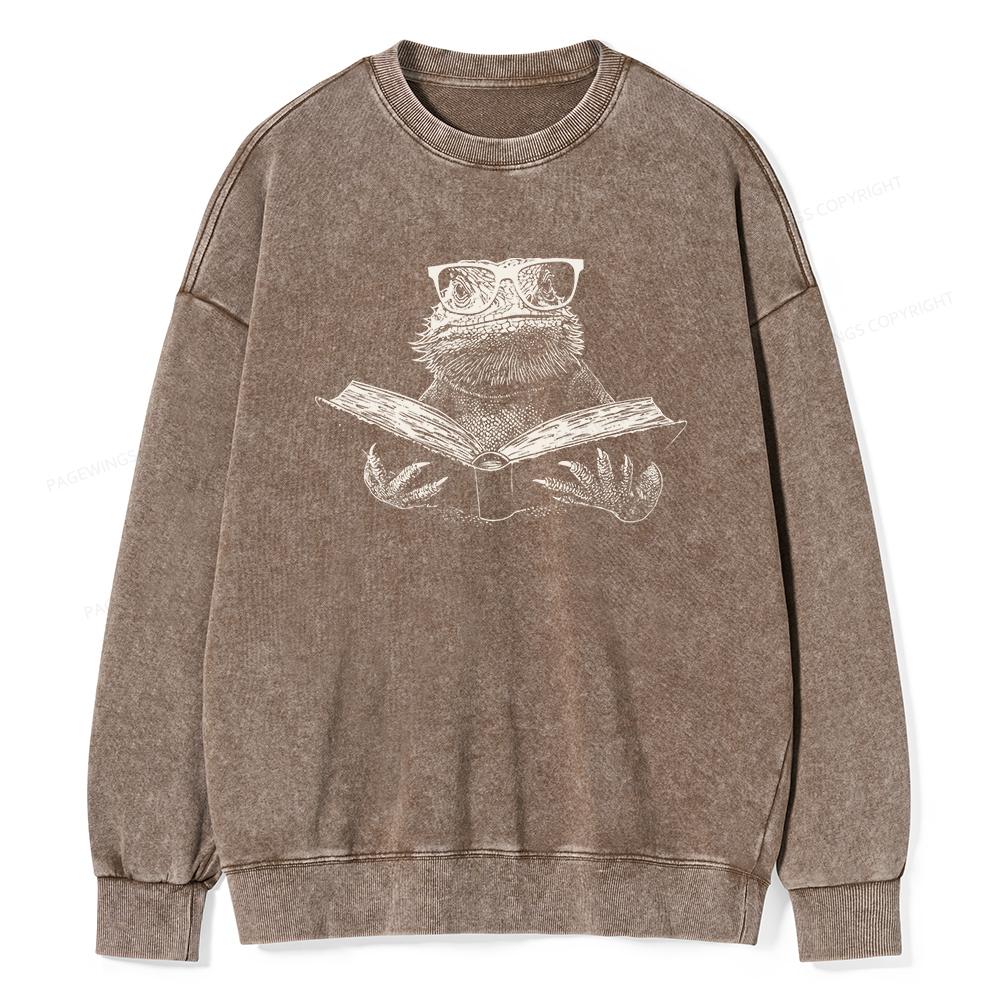 Pagewings Bearded Dragon Reading Unisex Washed Sweatshirt