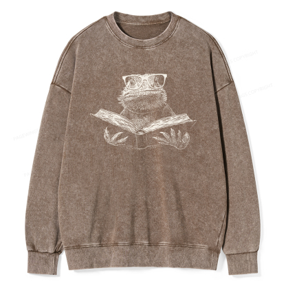 Pagewings Bearded Dragon Reading Unisex Washed Sweatshirt
