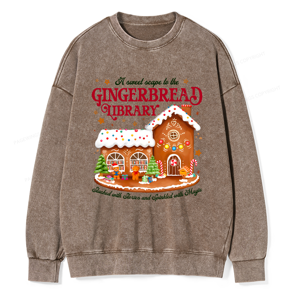 Pagewings Gingerbread Library Christmas Unisex Washed Sweatshirt