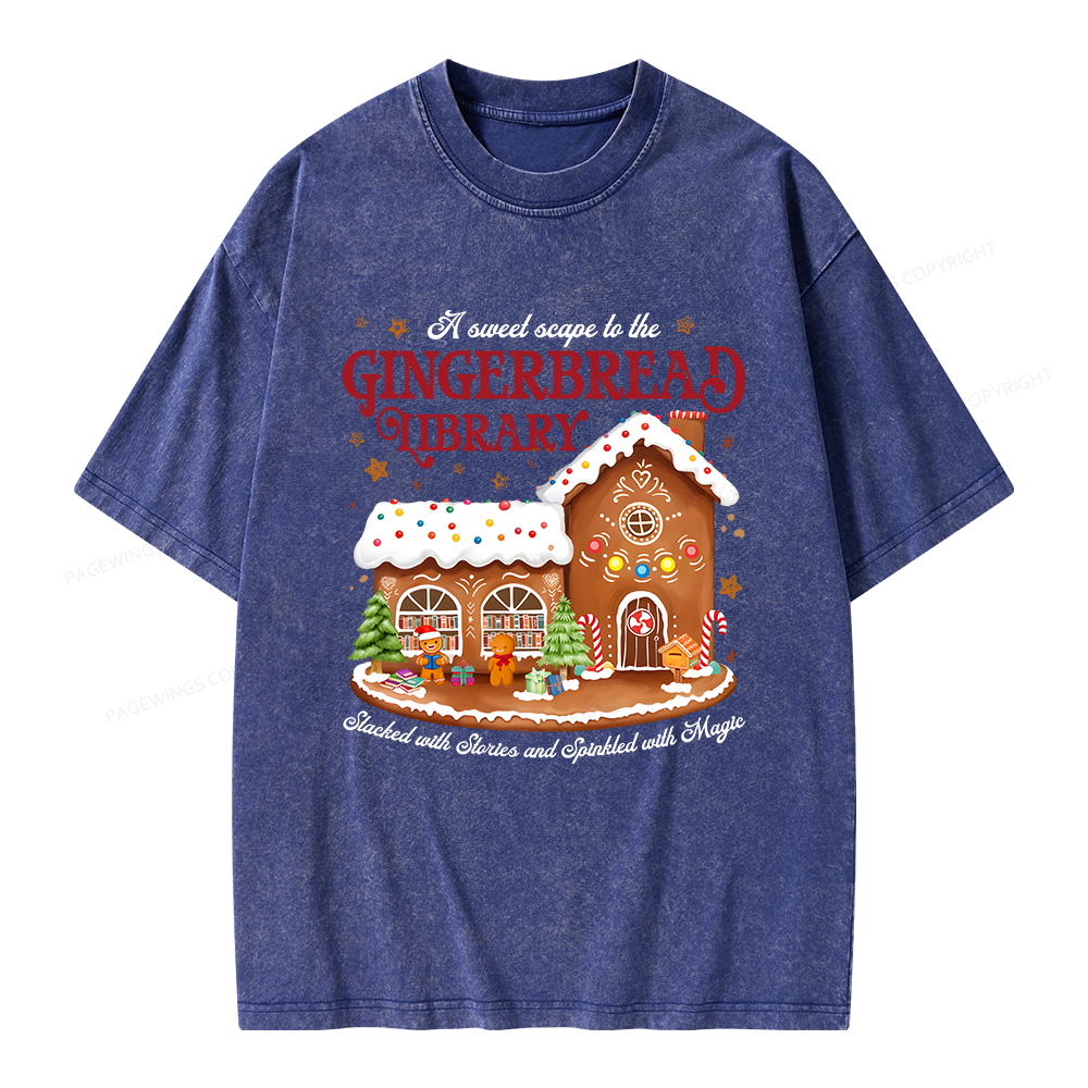 Pagewings Gingerbread Library Christmas Unisex Washed T-shirt