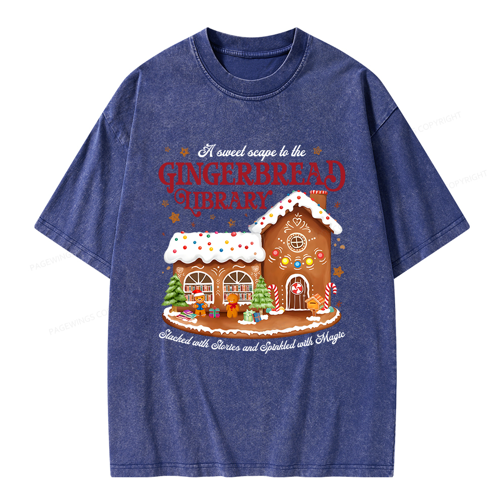 Pagewings Gingerbread Library Christmas Unisex Washed T-shirt