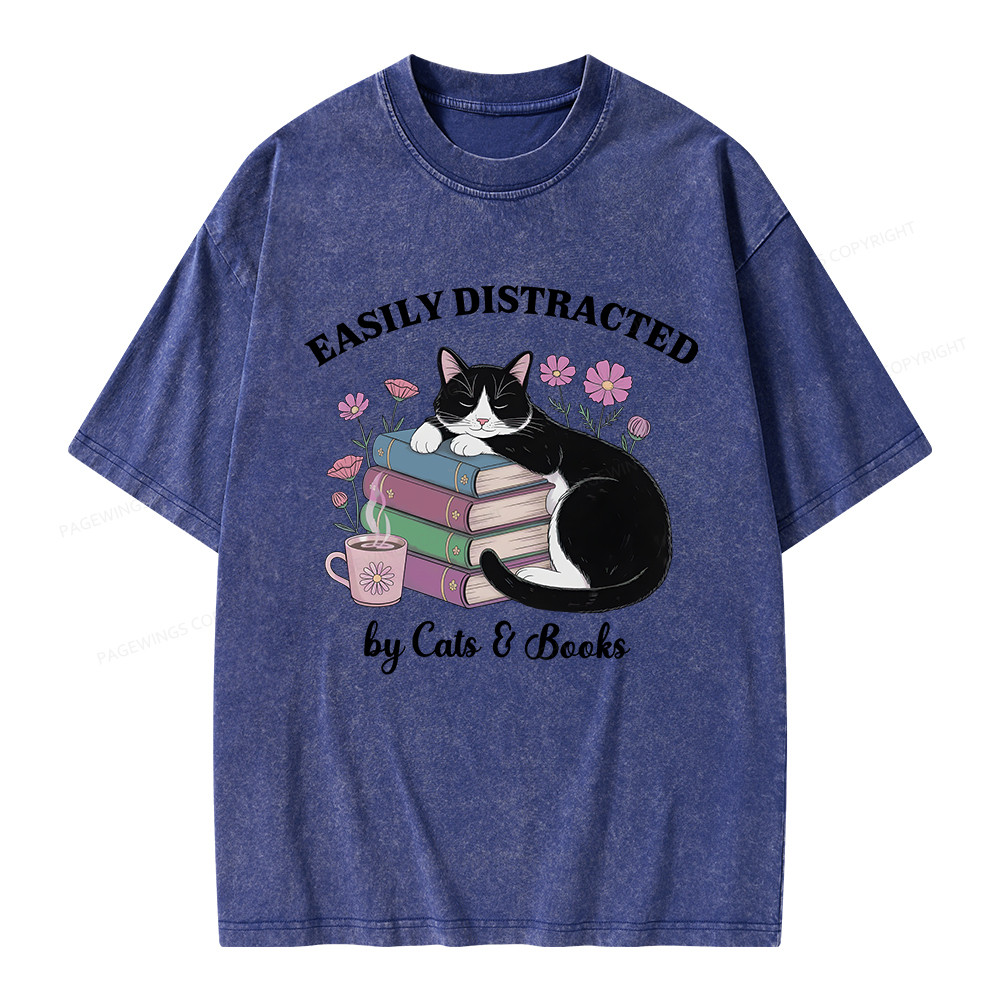 Pagewings Easily Distracted By Cats & Books Unisex Washed T-shirt