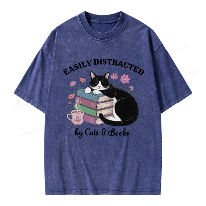 Pagewings Easily Distracted By Cats & Books Unisex Washed T-shirt