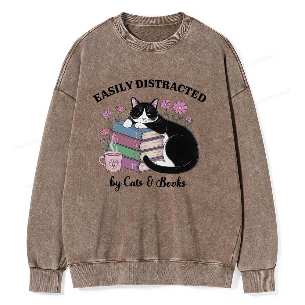 Pagewings Easily Distracted By Cats & Books Unisex Washed Sweatshirt