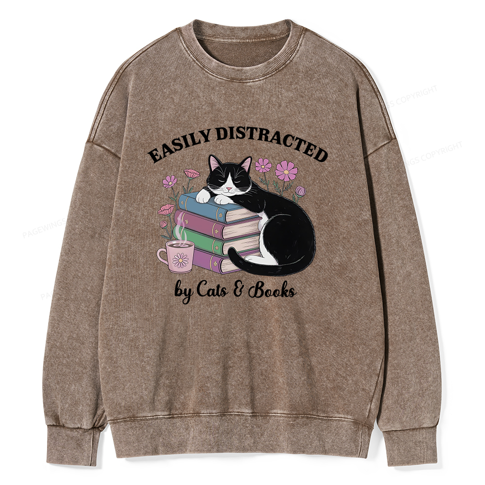 Pagewings Easily Distracted By Cats & Books Unisex Washed Sweatshirt