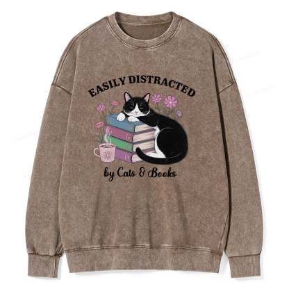 Pagewings Easily Distracted By Cats & Books Unisex Washed Sweatshirt