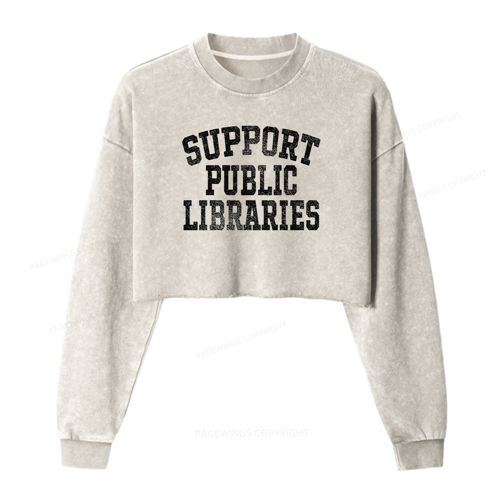 Pagewings Support Public Libraries Women Washed Crop Sweatshirt