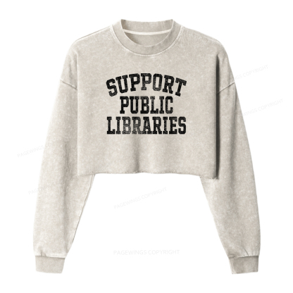 Pagewings Support Public Libraries Women Washed Crop Sweatshirt