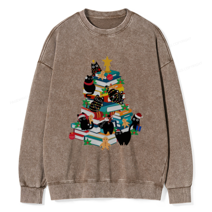 Pagewings Cute Cats Books Christmas Tree Unisex Washed Sweatshirt