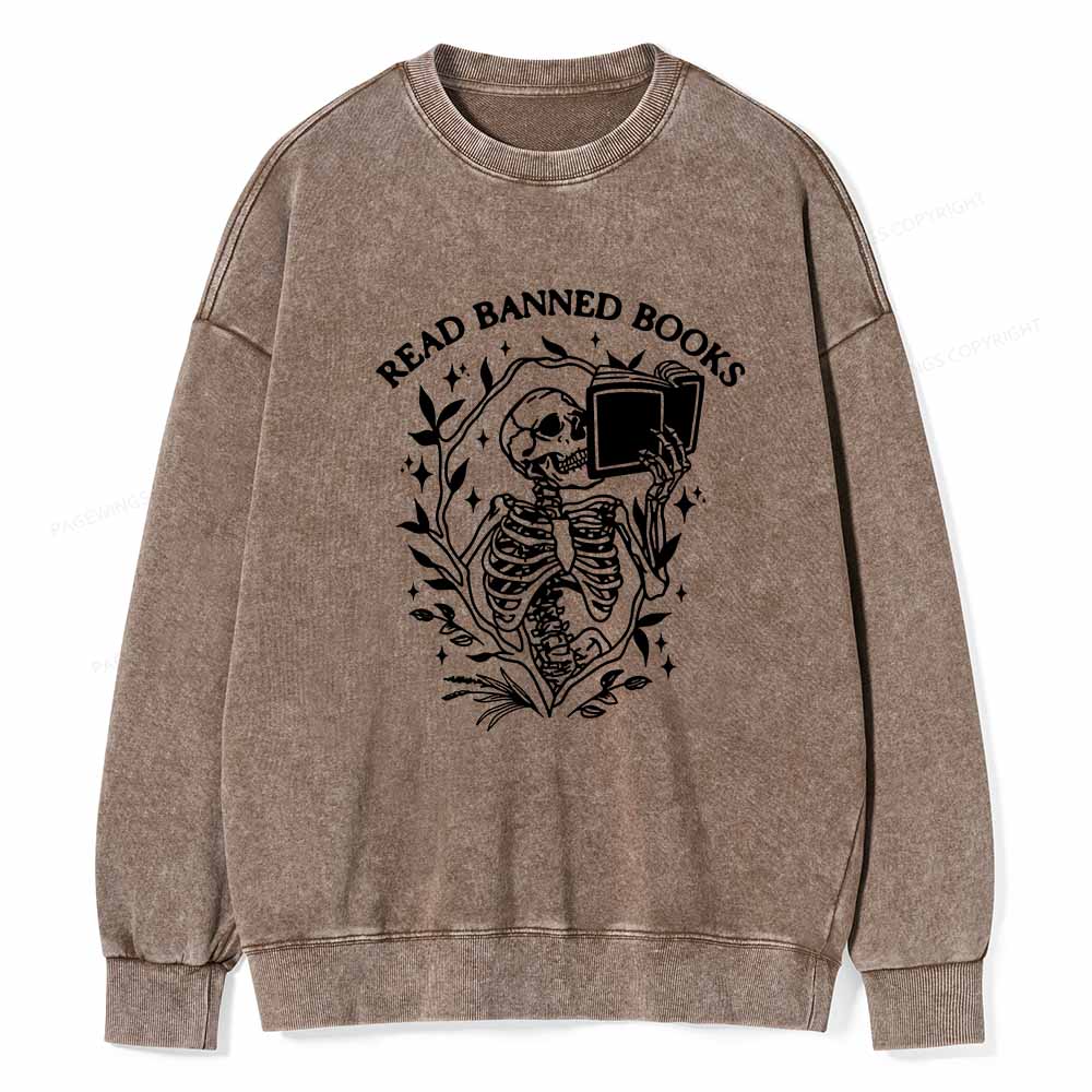 Pagewings Read Banned Books Skeleton Halloween Goth Protest T-Shirt Unisex Washed Sweatshirt