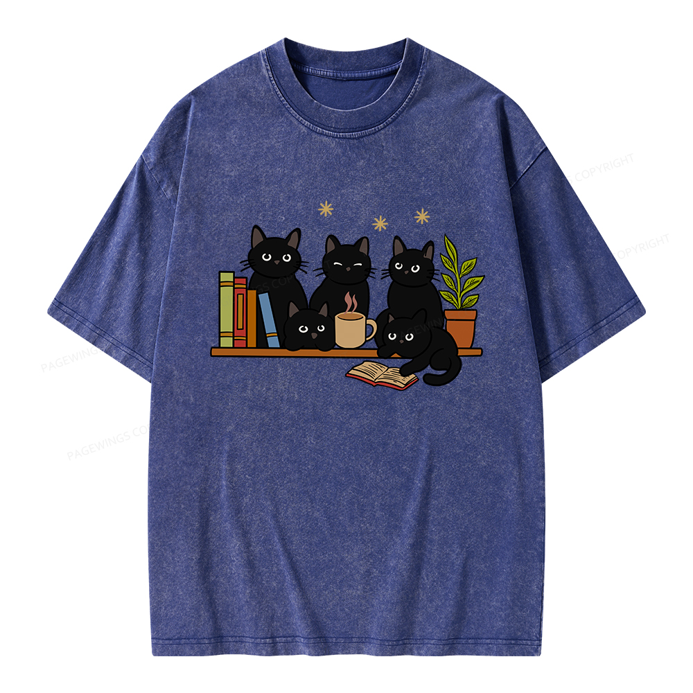 Pagewings Cat On Bookshelf Unisex Washed T-shirt