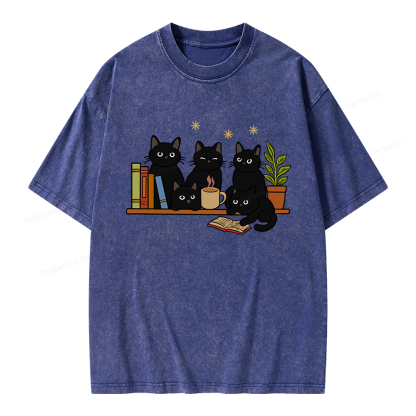 Pagewings Cat On Bookshelf Unisex Washed T-shirt