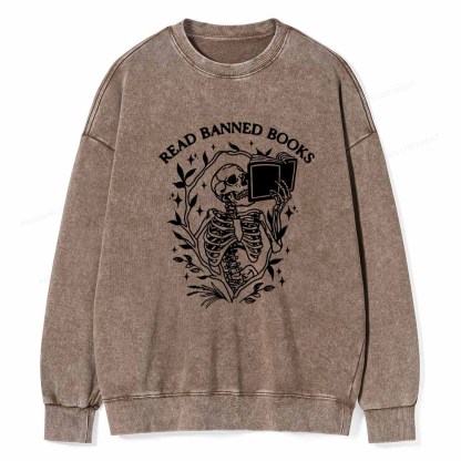 Pagewings Read Banned Books Skeleton Halloween Goth Protest T-Shirt Unisex Washed Sweatshirt