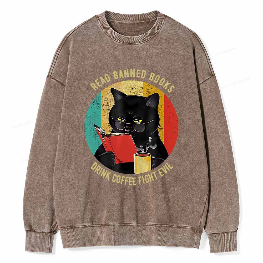 Pagewings Read Banned Books Drink Coffee Fight Evil Retro Cat Lovers T