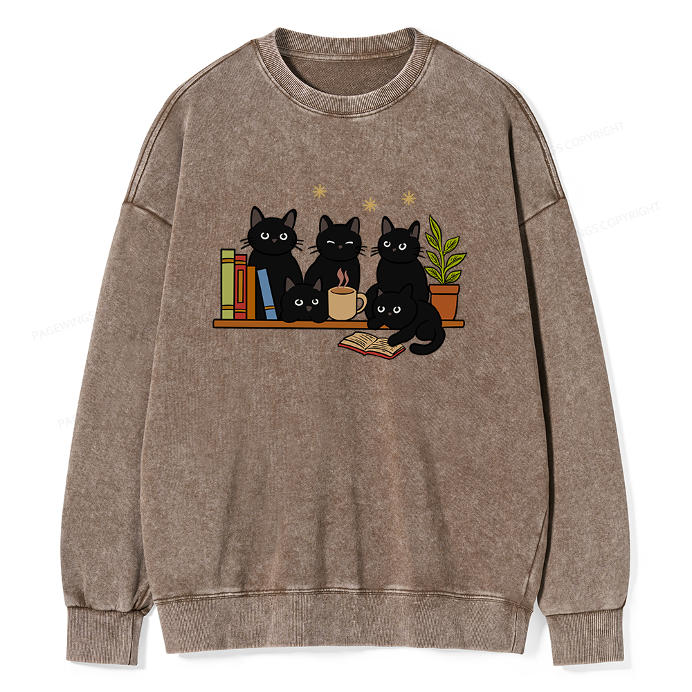 Pagewings Cat On Bookshelf Unisex Washed Sweatshirt