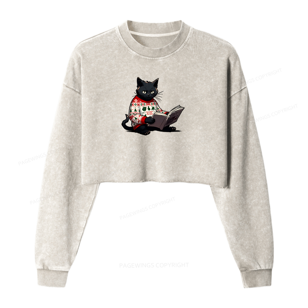 Pagewings Just a Cat Who Loves Reading Women Washed Crop Sweatshirt