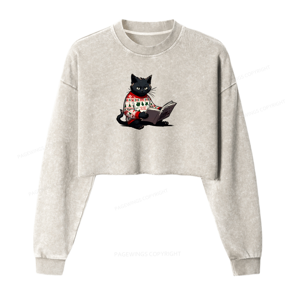Pagewings Just a Cat Who Loves Reading Women Washed Crop Sweatshirt