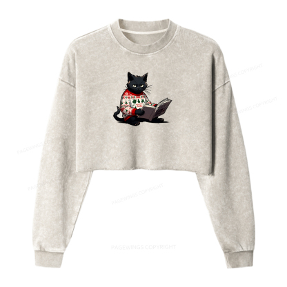 Pagewings Just a Cat Who Loves Reading Women Washed Crop Sweatshirt